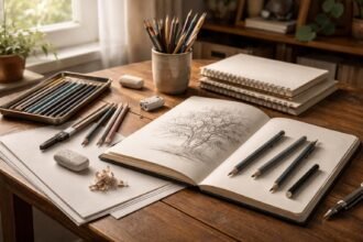 Rajzeszközök és rajztanfolyam alapfelszerelése asztalon