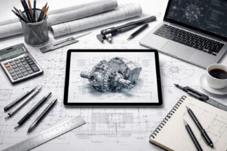 Tervezőmérnök alapfelszerelései asztalnál, rajzeszközök és laptop