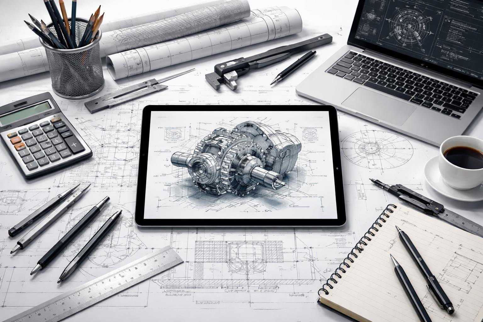 Tervezőmérnök alapfelszerelései asztalnál, rajzeszközök és laptop